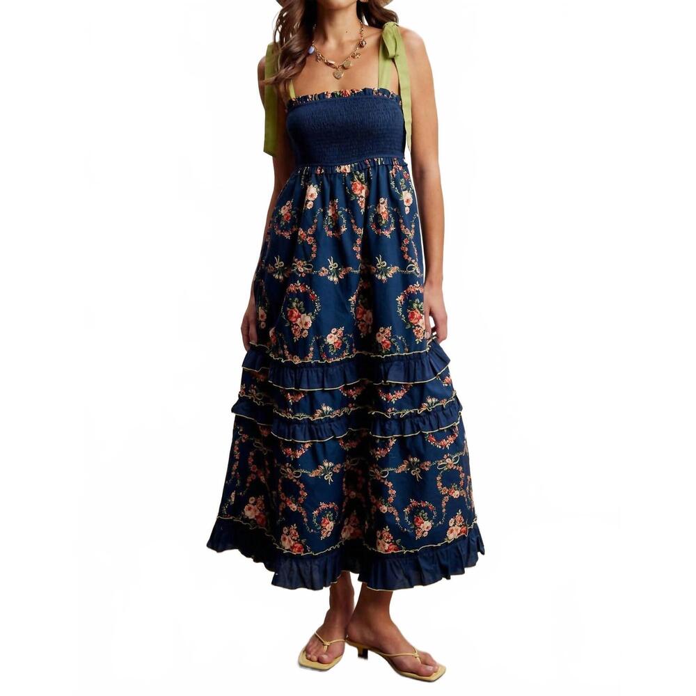 NEW LISTICLE floral smocked tiered maxi dress in blue
